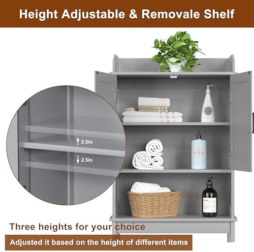 Yardenaler Over-The-Toilet Storage Shelf with Doors, Bathroom Freestanding Organizer Space Saver with Adjustable Shelf, Gray - Image 4