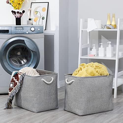 Bidtakay Collapsible Storage Bins for Clothes Large Grey Storage Baskets with Cotton Handles 17x12x15 In Set of 2 Fabric Cubby Storage Bins Livingroom Home Decorative Storage Organizer for Blankets - Image 3