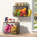Wawocs Fruit Basket for Kitchen Counter 2 Tier Fruit Bowl, Stackable Wall Mounted Hanging Fruit Basket Wire Baskets with Wood Lid with 4 Banana Hanger Hooks, Onion Basket, Fruit and Vegetable Storage by Wawocs