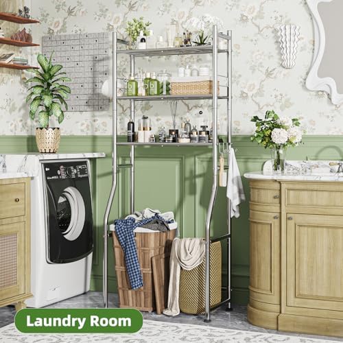 Simple Trending 3 Tier Over The Toilet Rack, Bathroom Shelves with 4 Hooks and Paper Holder, Bathroom Stand Organizer Space Saver, Chrome - Image 4