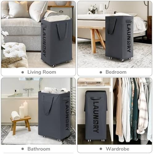 CHICVITA 75L Large Rolling Laundry Basket with Wheels & Wash Bag, Grey - Image 5