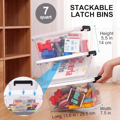 Storage Bins with Lids,7Qt Clear Stackable Storage Containers With Lids Buckle Latches.Perfect for LEGO, Crafts, Office Supplies, and Dorm Room Organization,6-Pack,ClearBlack - Image 7