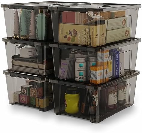 WYT 5-Quart Small Plastic Storage Container Bin with Secure Lids and Latch Buckles, Black Clear Durable Stackable Nestable Organizin, 6-Pack by WYT