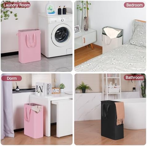 efluky Slim Laundry Basket, Narrow Laundry Hamper with Handles, Collapsible Dirty Clothes Hamper, Tall Laundry Bin for Laundry Room, Dorm and Bedroom, 12.7 Gallons(48L) Pink - Image 5