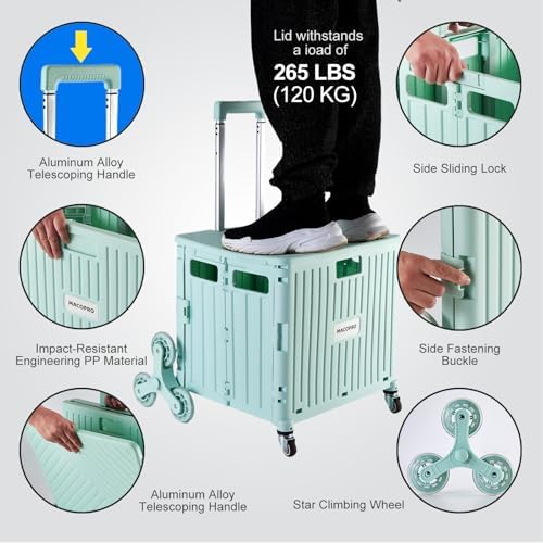 MACOPRO Foldable Utility Cart with Stair Climbing Wheels, Collapsible Rolling Crate with Telescoping Handle, Shopping Trolle Handcart Grocery Book File Tool Art Supplies Teacher Storage Basket(Green) - Image 4