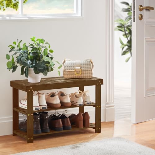 Pipishell 3 Tier Bamboo Shoe Rack Bench for Entryway, Yellow Brown - Image 7