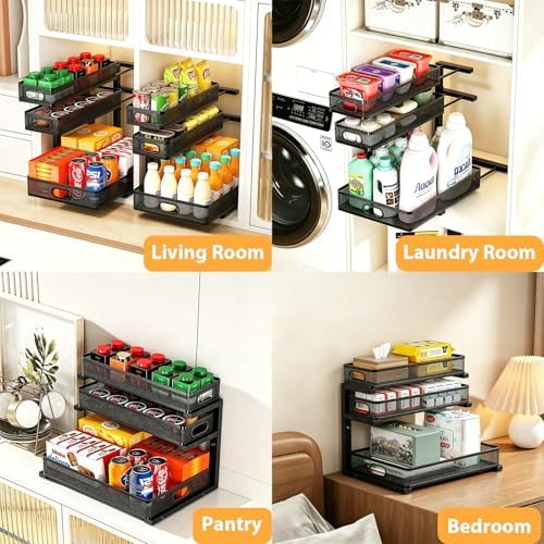 2 Pack Bathroom Under Sink Organizer, 3-Tier Pull Out Kitchen Cabinet Organizer with 5 Adjustable Heights Metal Slide Out Storage Makeup Drawer Rack for Bedroom Office Pantry Home Organization, Black - Image 5