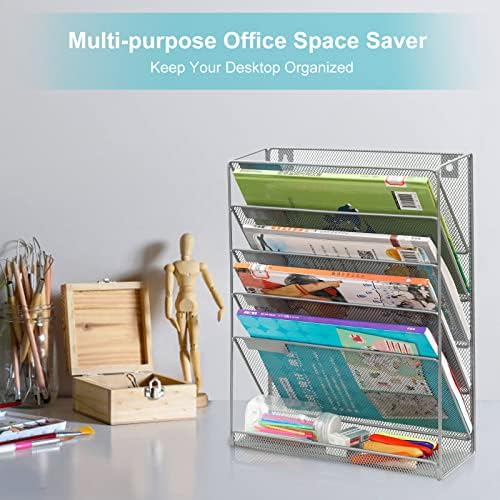 EasyPAG 5 Tier Wall File Holder, Mesh Hanging Folder Organizer with Classify Label, Versatile Desk File Holder, Vertical Wall Mounted Mail Organizer for Office Home Cubicle, Silver - Image 4