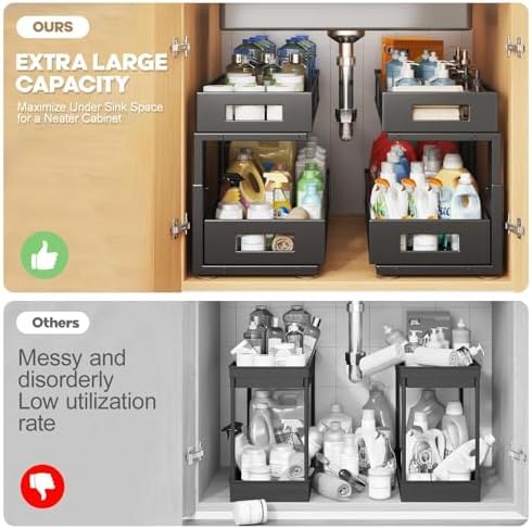 2 Packs 21IN Depth Under Sink Organizer, 2-Tier Pull Out Cabinet Organizer With Smooth Circular Rail, Large Capacity Metal Mesh Sliding Drawers For Bathroom& Kitchen Storage,Height Adjustable-Black - Image 3