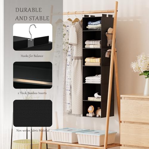 Hanging Closet Organizer and Storage with Bamboo Support, 6-Shelf Closet Hanging Storage Shelves, Closet Organizers Easy Mount Foldable for Bedroom(Black) - Image 3