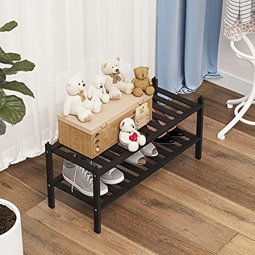 Dranixly Shoe Rack, 2-Tier Bamboo Stackable Shelf Storage Organizer, Stand for Closet, Entryway and Hallway （Black） - Image 4