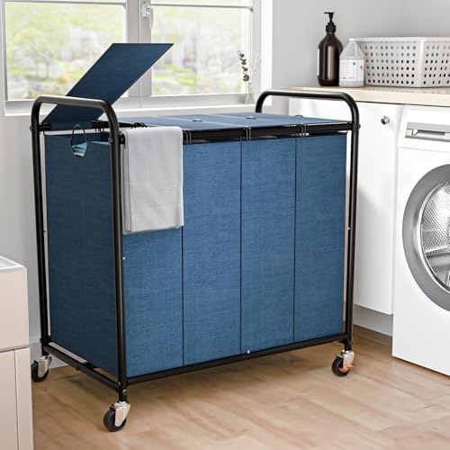 Laundry Sorter 4 Sections 48 Gal, Rolling Laundry Basket with Wheels ＆ Lid by OLLDIDE
