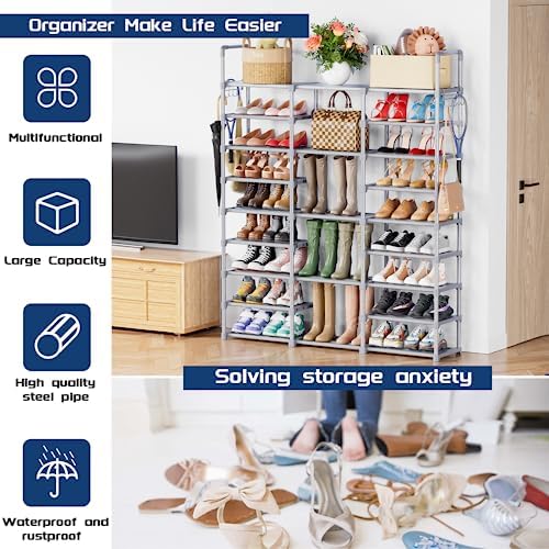 Mavivegue 9 Tiers Tall Shoe Organizer - Vertical Shoe Shelf for 50-55 Pairs, Stackable Racks for Entryway, Closet, Garage - Grey - Image 4