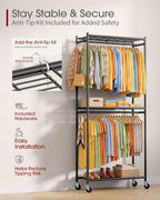 Sakugi Clothes Rack - 33.0" x 12.2" x 79.5" Clothing Rack with Shelves & Wheels, Multi-Functional Wardrobe Closet with Hooks, Sturdy Metal Garment Rack for Bedroom, Laundry, Balcony (Black) - Image 2