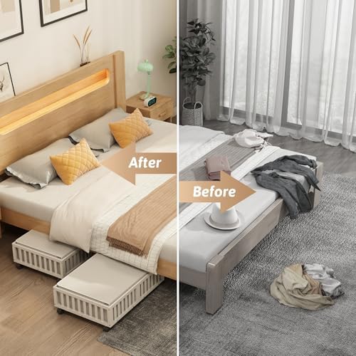 MHXW SXPN 2 Pack Bamboo Under Bed Storage Containers with Wheels, White | Underbed Drawer Storage with Bag, Wood Rolling Underbed Organizer for Shoes, Sheets Clothes Blanket Comforter, Under Crib Toy - Image 5