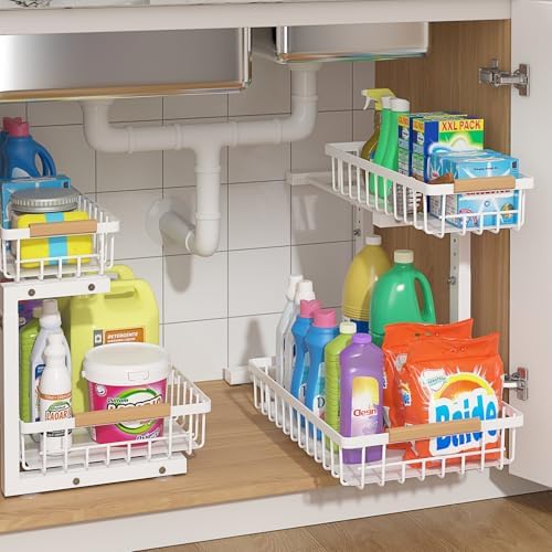 ADRIMER Under Sink Organizer 2 Packs, Pull Out Kitchen Sink Organizer, 2 Tier Slide Out Kitchen Organizers and Storage Bathroom Under Cabinet Storage Shelf, White by Adrimersdreamistobeanindispensablecompanioninyourlife