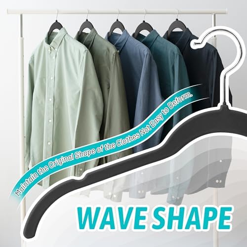 Sishynio Velvet Hangers 100 Pack, Non-Slip Slim Felt Clothes Hangers Black | Space-Saving Closet Organization; Flocked Surface; 360° Swivel Hooks; For Shirts, Coats, Dresses, Blouses - Image 4