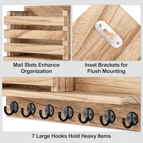 Lwenki Key Holder for Wall – Decorative Wooden Mail Holder and Key Shelf with Mounting Hardware, Installation Guide – Paulownia Wood with Metal Key Hooks (Wood, Extra Large - 15.6inch) - Image 2
