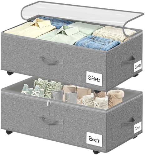 Under Bed Storage with Wheels, 2 Pack Underbed Storage Containers with Clear Lid & Label, XXL 75L Easy Assembly Rolling Under Bed Shoe Storage for Clothes, Shoes, Blankets, Gray(28.3 X 16.5 X 9.5 in) by Unknown