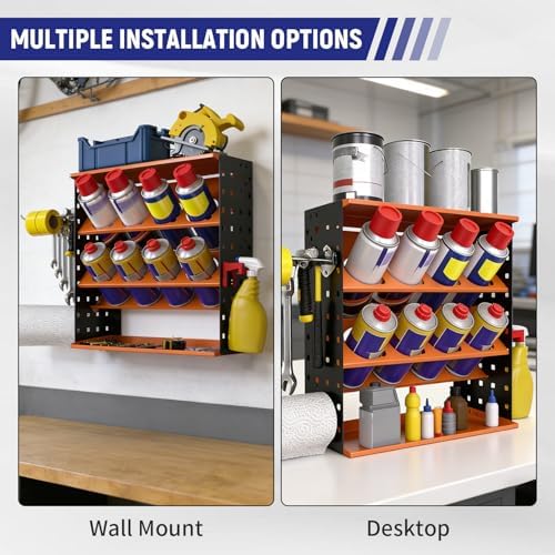 Wall Mount Spray Can Holder, Aerosol Spray Bottle Holder Storage Rack, Heavy-Duty Paint Bottle Organizer with 8 Can Holes & 4 Steel Hooks, 4 Plastic Hooks for Garage, Shop, Home or Tool Trailer - Image 6