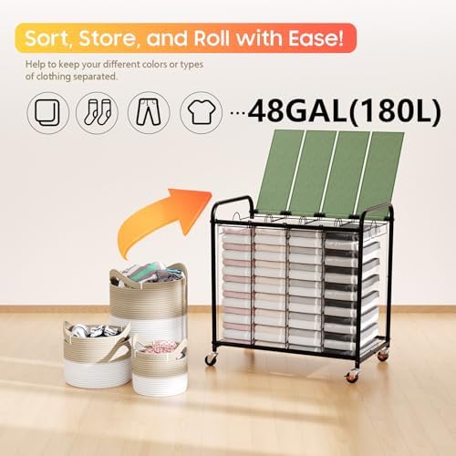 Laundry Sorter 4 Sections 48 Gal, Rolling Laundry Basket with Wheels ＆ Lid - Image 6