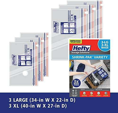 Hefty Shrink-Pak Vacuum Storage Bags - Space Saver for Under Bed Storage, Clothing and Comforters, Odor Resistant, 3X More Storage Space - 3 Large, 3 XL Bags (Pack of 18) - Image 3