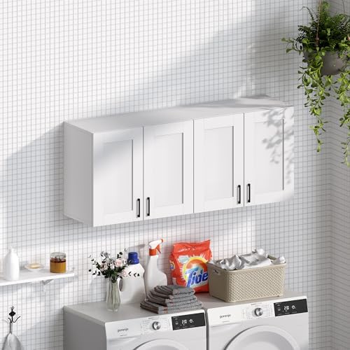 White Laundry Room Cabinets and Storage with 4 Doors and Utility Adjustable Shelf，Gabinetes Para Cocina Cupboard Kitchen Organizers and Storage Pantry Wall Mounted 12.4"D x 47.2"W x 19.7"H - Image 2