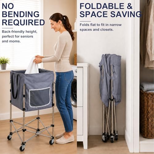 Laundry Basket with Wheels, 35.9" No-Bend Rolling Hamper, Grey - Image 3