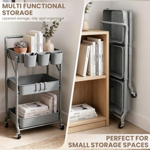 Foldable 3 Tier Rolling Cart, Metal Utility Cart with Wheels - Image 3
