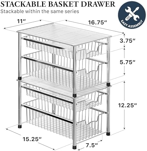 Simple Houseware Stackable 2 Tier Sliding Basket Organizer Drawer, Chrome - Image 2