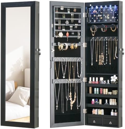 8 LED Lights Jewelry Armoire with Mirror with Storage And 2 Drawers by MASMIRE