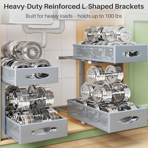 1 Pack Under Sink Organizer, 2 Tier Pull out Cabinet Organizer Mesh Baskets with 5 Adjustable Heights, Sliding Drawers Storage Shelf for Home, Kitchen, Bathroom, Pantry, Office, Countertop ,Grey - Image 5