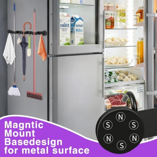 Magnetic Broom Holder Wall Mount - Heavy Duty Non-Slip Mop Hanger with 4 Hooks And 3 Rack, No Drill Tool Organizer for Refrigerator,Garage,Laundry Room (Black, 3Racks 4Hooks) - Image 7