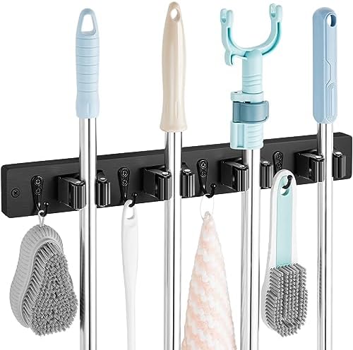 OUTNILI Black Mop Broom Holder Wall Mount with 4 Slots & 4 Hooks - Rustic Wood Broom Mop Hanger for Pantry Closet Laundry Room Organization - Heavy Duty Garden Tool Organizer - Black Kitchen Decor by OUTNILI