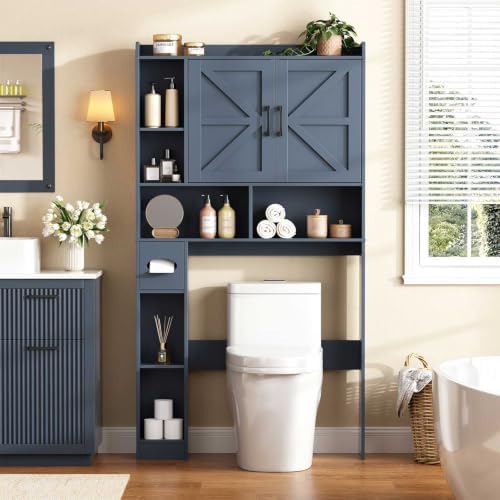 Vabches Over The Toilet Storage Cabinet with 2 Barn Doors, Blue by Vabches
