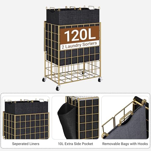 120L Laundry Basket with Wheels, Large Capacity Laundry Hamper with 3 Separate Removable Liner Bags, Heavy Duty Laundry Sorter with Solid Wood Lid & Leather Handles, Golden+Black, TLH002BG - Image 2