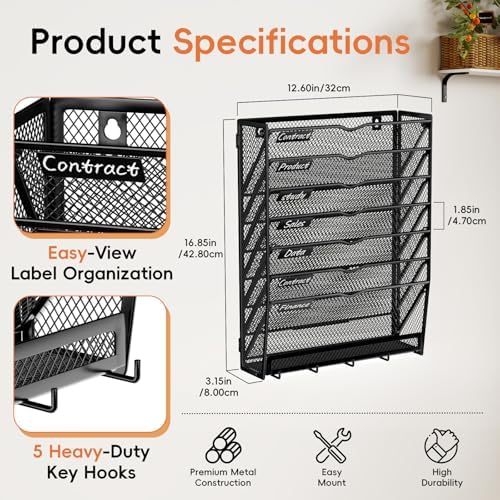 8-Tier Wall File Organizer with Hook, Hanging File Organizer Black - Image 2
