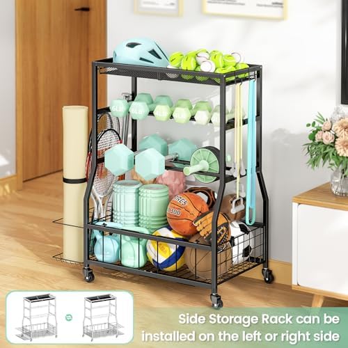 Home Gym Storage Rack, Dumbbell Rack with Yoga Mat Storage, Weight Rack Stand with Lockable Wheels and Hooks, Home Workout Equipment Organizer for Yoga, Dumbbell, Kettlebells, Ball Storage - Image 2