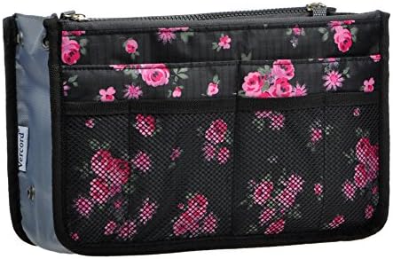 Vercord Purse Organizer Insert for Handbags Bag Organizers Inside Tote Pocketbook Women Nurse Nylon 13 Pockets Black Red Flower Medium by Vercord