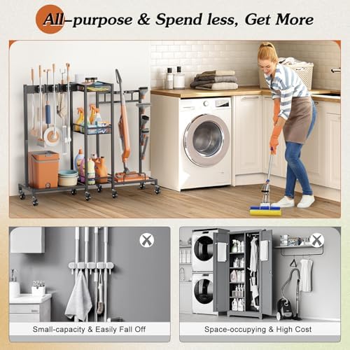 Broom Holder with Cleaning Supplies Organizer, Broom Closet Storage Cabinet with Cleaning Caddy Vacuum Stand, Cleaning Cart with Mop Hanger Gripper Rack Hook, Laundry Room Organization Home Essentials - Image 6