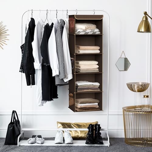 Simple Houseware 5 Shelf Hanging Closet Organizer, Brown | 360° Rotating Dual Hooks, Top Support Metal Frame, 6 Side Mesh Pockets - Image 5
