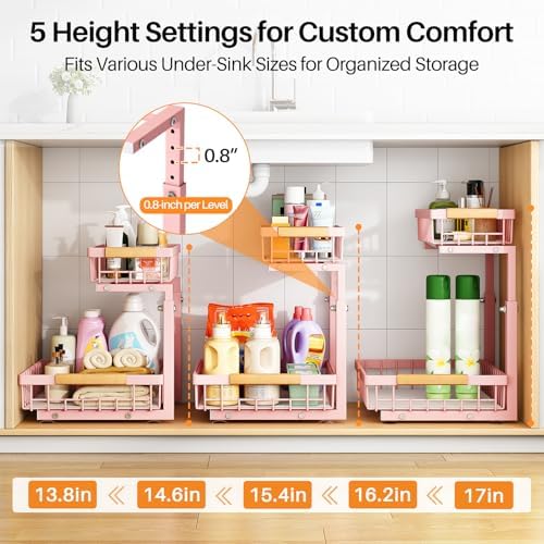 PXRACK Under Sink Organizer, Adjustable Height, 2 Tier Pull Out Under Cabinet Organizer, Slide Out Thickened Metal Under Sink Storage for Kitchen Bathroom Laundry Pantry Cabinet, Pink, Large-2-Pack - Image 5