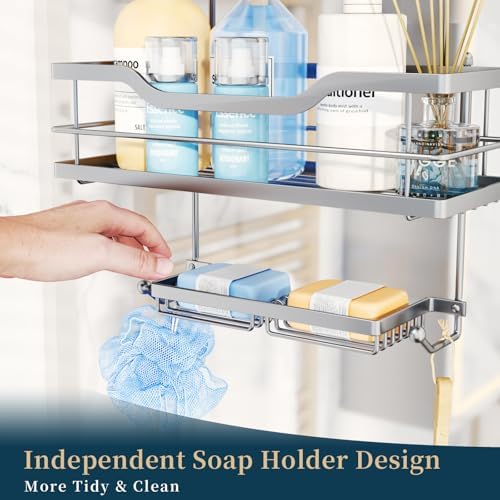 Consumest Over The Door Shower Caddy - 3 Tier Shower Shelves Hanging with Soap Holders, Large Capacity Shower Organizer with 6 Hooks, Bathroom Rack and Storage, Silver - Image 7