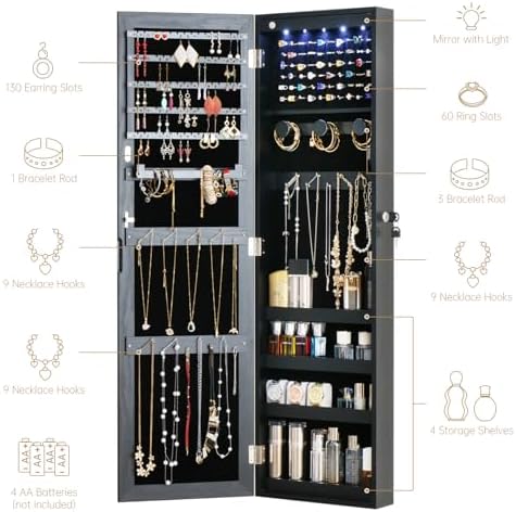 Full Length Mirror Jewelry Cabinet Organizer Lockable Door Wall-Mounted Jewelry Armoire with Shelves and Behind the Door Storage Black - Image 3