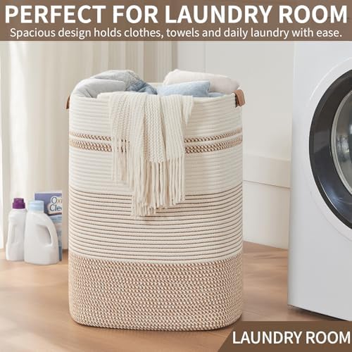 AINUOQI Laundry Basket with Handles - Blanket Basket & Hampers for Bedroom Aesthetic, Laundry Hamper & Blanket Storage for Living Room, Clothes Hamper, Tall, Large 17" x 14" x 22”, Brown & White - Image 5