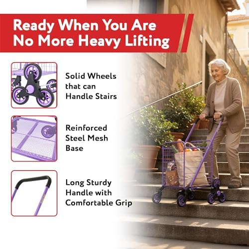 dbest Products Stair Climber Cruiser Cart Shopping Grocery Rolling Folding Laundry Basket on Wheels Foldable Utility Trolley Compact Lightweight Collapsible, Purple - Image 3