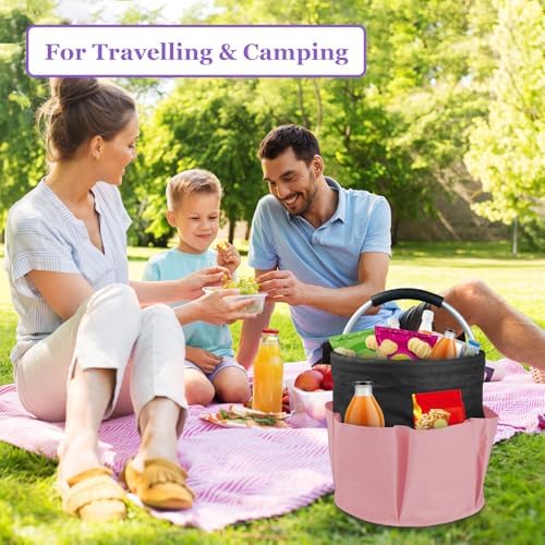 17L Cleaning Supply Caddy for Family, Portable Shower Caddy with Handle and 6 Pockets, Foldable Tool Bucket Organizer, Large Storage Basket for Camping, Gardening, Black with Pink - Image 7