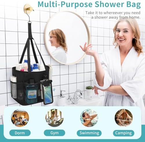 Shower Caddy Portable, Mesh Shower Caddy Hanging with Waterproof Phone Pouch Black, Large Capacity Shower Bag for College Dorm Room Essentials, Quick Dry Shower Basket for Gym, Camping, Swimming - Image 4