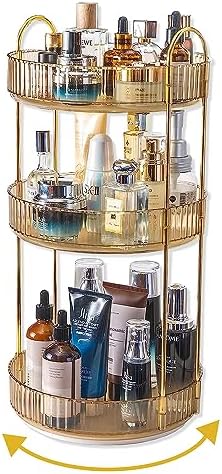 Asayuee 360 Rotating Makeup Organizer for Vanity,3 Tier Large Capacity Vanity Storage,Skincare Perfume Spinning Organizer,Bathroom Cosmetics Storage Makeup Stand Organizer (Gold-3 Tier) by Asayuee