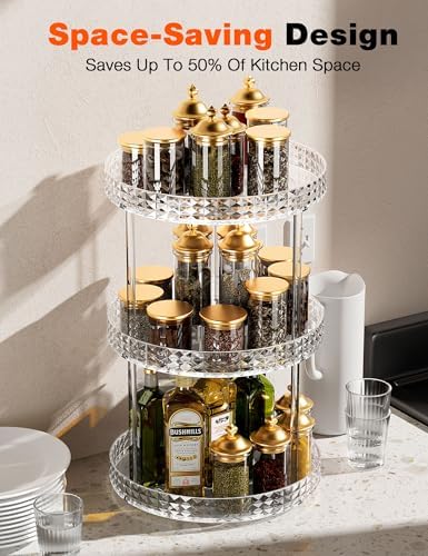 3Tier Diamond Lazy Susan Bathroom Countertop Organizer, 360° Clear Rotating Makeup Cosmetic Perfume Storage Tray, Spinning Vanity Organizer Shelf for Bathroom Cabinet, Dresser, Kitchen(Large) - Image 4